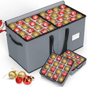 lot 3963 image: Keten Christmas Ornament Storage Boxes with 8 Individual Trays, Fits 128 Holiday Ornaments 3-Inch, Christmas Ball Accessories Container with 48 Dividers, Dual Zippered Closure, 600D Oxford (Grey)