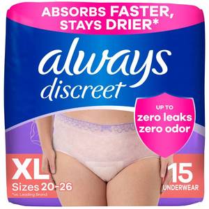 lot 4304 image: Always Discreet Adult Incontinence Underwear for Women and Postpartum Underwear, Extra Large, Up to 100% Bladder Leak Protection, 15 Count