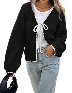 lot 4326 image: ZAFUL Womens Long Sleeve Cardigan Cute Tie Front V Neck Bow Puff Fall Winter Loose Knit Trendy Cardigan Sweaters 2025 1-Black S