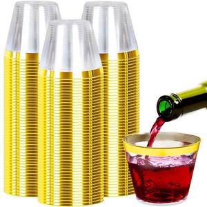 lot 4338 image: Zcaukya 100pcs 9oz Gold Plastic Cups, Disposable Crystal Clear Plastic Party Cups for Weddings, Birthdays, Events