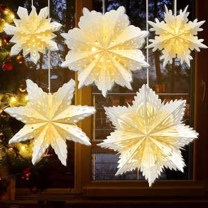 lot 4367 image: 5 Pack Paper Snowflake Lanterns, Christmas Paper Star Lantern with Lights, 1317 Inch 3D Hanging Lantern Lamp for Xmas Tree New Year Winter Frozen Weddings Birthday Holiday Party Decorations