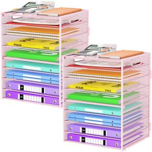 lot 5585 image: Cawukege 9 Tier Paper Organizer with Handle, Large Capacity Desk Organizer Mesh Paper Letter Tray File Folder Document Sorter for Classroom and Office Accessories Organization- Pink (2 Pack)