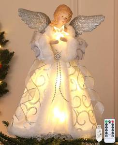 lot 5589 image: HMASYO Christmas Tree Topper Angel with Timer Lights, 12 Angel Tree Toppers with Silver Wings, Star Light, Remote Control and USB Power Xmas Treetop Decoration for Indoor Office Holiday Party