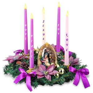 lot 5622 image: ElectricWise Christmas Advent Wreath Candle Holder, Purple Ribbon Advent Wreath wNativity Scene Figurine, 5 Metal Candle Cups, for Holiday Table Centerpiece Decorations, No Candles (Manger Style)