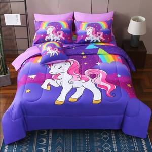 lot 5653 image: JQinHome Unicorn Twin Bedding Sets for Girls Kids,6 Piece Bed in A Bag 3D Purple Rainbow Theme Unicorn Comforter Set with Sheet Set(Rainbow)