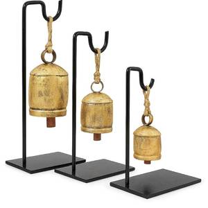 lot 5658 image: Antique Vintage Handmade Set of 3 Giant Harmony Cow Golden Solid Brass Bells, Premium Bells with Metal Stand, Bell for Door, Christmas, Home and Office Decor, Collectible Gift Item