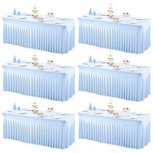 lot 5679 image: A6 Packs Baby Blue Table Clothes for 8 Foot Rectangle Tables, One-Piece Wrinkle Resistant Stretch Spandex Table Covers with Skirt for Event Banquet Wedding Birthday Party