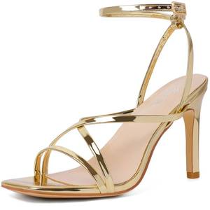 lot 6266 image: Mostrin Gold Strappy Heels for Women Open Square Toe Ankle Strap Stiletto Lace Up Heeled Sandals Sexy Comfort Dress Shoes Wedding Bridal Sandals Size 6.5