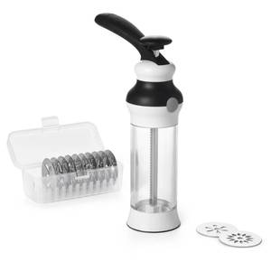 lot 6292 image: OXO Good Grips 14-Piece Cookie Press Set, Cookie Press with 12 Stainless Steel Disks and Storage Case, Holiday Baking and Everyday Treats, Essential Baking Supplies
