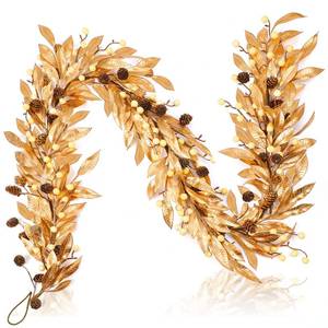 lot 6293 image: Dingion 6 ft Gold Leaf Christmas Garland with Berry and Pine Cone Artificial Golden Bayleaf White Berry Garlands for Holiday Xmas Tree Home Mantle Fireplace Table Decor