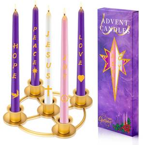 lot 6309 image: Advent Wreath Candle Holder Set with 5 Taper Candles, Gold Christmas Candle Ring Table Decoration for Advent Christmas Festival Home Church