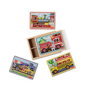 lot 6338 image: Melissa & Doug 4��in��1 Wooden Vehicle Jigsaw Puzzle Set, 48 Pieces with Storage Box, Toddler Puzzle Toy for Kids Ages 3- FSC Certified