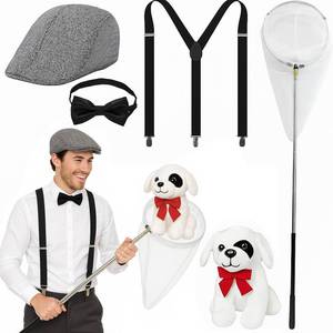 lot 8289 image: 5 Pcs Halloween Dog Catcher Costume Men Include Dalmatian Dog Catcher Costume for Adult Herringbone Tweed Flat Cap, Adjustable Suspender for Men Halloween Cosplay Party