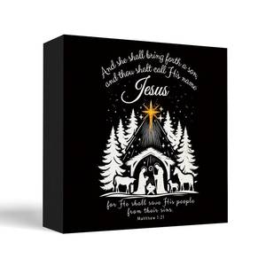 lot 8307 image: EKGJW Birth of Jesus Christmas Wooden Box Sign, Nativity Decor, Jesus Birth Christmas Decor, Christian Christmas Wood Block Sign for Home Office Desk Table Decor, 5x5 Inch 2pk