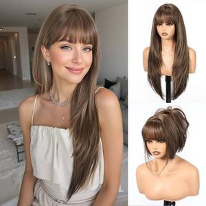 lot 8327 image: HAIRCUBE Long Straight Wigs for Women Layered Synthetic Wig with Bangs Mixed Brown Color for Daily