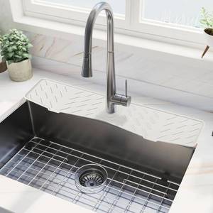 lot 8341 image: Meiliweser Faucet Mat for Kitchen Sink �� 24�� x 5.1�� Extra-Long Silicone Splash Guard with 10° Slope & Upgraded Drainage �� Gen 3 Sink Water Catcher & Sponge Holder for Kitchen, Bathroom (White)