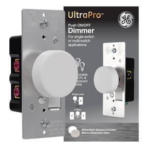 lot 8345 image: GE 3-Way Rotating Dimmer Switch, Push OnOff, Use with Dimmable LED, CFL, and Incandescent Bulbs, Includes Two Knob Colors, UL Listed, WhiteLight Almond, 18020