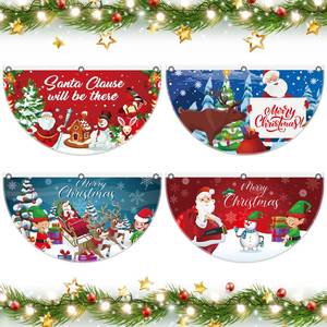 lot 8370 image: 4 Pack Merry Christmas Fan Flag Santa Claus Patch Bunting Flag Christmas Snowman Elf Half Fan Banner Xmas Party Decoration