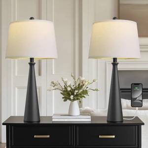lot 9161 image: Oneach 25.75 Modern Table Lamp Set of 2, Bedside Lamps with USB Ports, Black Nightstand Lamps Set for Living Room Bedroom House Bedside Home Office Family