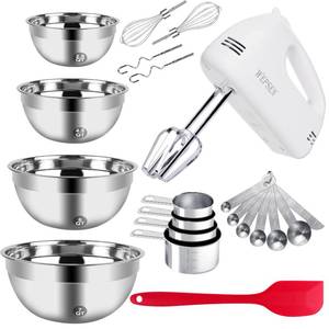 lot 9164 image: 5-Speed Electric Hand Mixer, 4 Large Mixing Bowls Set, Handheld Mixers with Whisks Beater, Stainless Steel Metal Nesting Bowl Measuring Cups Spoons Kitchen Cake Blender for Baking Supplies