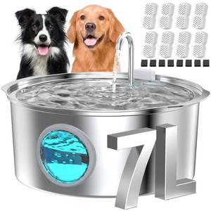 lot 11076 image: Dog Water Fountain for Large Dogs Big Cat Water Fountain Stainless Steel -1.8Gal7L Big Quiet Cats Water Bowl Dispenser- Pet Water Fountains for Dogs - 8 Filters  8 Sponge Filters - GROOKPET