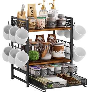lot 11077 image: Plaviya Coffee Bar Organizer Countertop Station Shelf - 4 Tier Mug Holder Stand With 12 Hooks, 30 K Cup Pod Drawer, Multifunctional Shelf for Accessories Kitchen