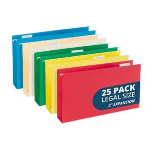 lot 11087 image: 25 Blue Summit Supplies Legal Size Hanging File Folders - Assorted Colors, 2 Expansion, Legal Hanging File Folders for Filing Cabinet, 9.5 x 14.75, 11PT Paper Stock with Tabs and Inserts Included