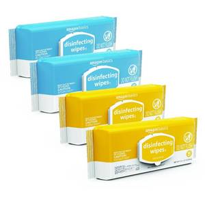 lot 11089 image: (ONLY INCLUDES ONE) Amazon Basics Disinfecting Wipes, Lemon & Fresh Air Scent, SanitizesCleansDisinfectsDeodorizes, 320 Count (4 Packs of 80)