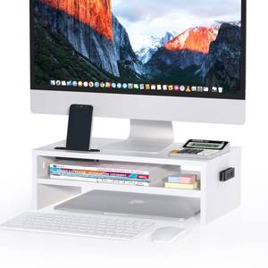lot 11092 image: BONTEC Wooden Monitor Stand Riser, 2-Tier Desk Shelf with Storage Organizer, Ergonomic Computer Stand with Cable Management, Cellphone Holder, White, 16.5 Inch