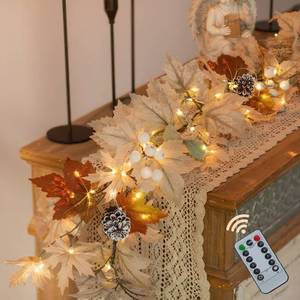 lot 11094 image: BLOSMON Fall Garland with Light for Mantle 6ft Thanksgiving Garland for Table with 40 LEDs - 8 Lighting Modes with Remote Timer - White Maple Leaf Lighted Garlands for Railing Outdoor Home Decor