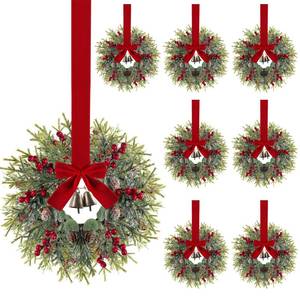 lot 11101 image: 8PCS Christmas Kitchen Cabinet Wreaths with Ribbon 13 Small Christmas Wreath Decorations with Bells Farmhouse Decoration Artificial Hanging Garlands for Front Door Window Wall