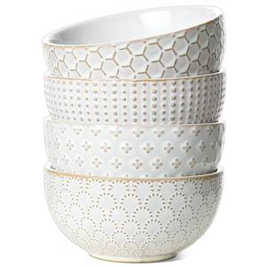 lot 11117 image: LE TAUCI Cereal bowls 26 oz, Ceramic Soup Bowl for Kitchen, Embossment Stoneware Bowl for Pho, Chip, Fruits, Salad, Noodle, Ramen, Suit For Housewarming - 6 Inch, Set of 4, Arctic white