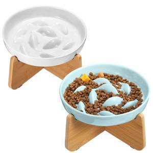lot 13445 image: Funnymoom 2 Sets Cat Bowl Slow Feeder with Stand Elevated Raised Ceramic Cat Food Bowl with Fish Pool Design for Wet Dry Food for Pet Dogs Healthy Eating Diet