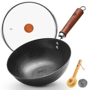lot 13465 image: WANGYUANJI 9.5 Inch Small Cast Iron Wok with Lid - Handcrafted Tortoise Shell Texture Uncoated Stir Fry Pan, Flat Bottom Wok for Electric, Induction & Gas Stoves, 2.5 Quart (Requires Seasoning)