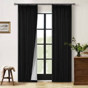 lot 14119 image: Black Pinch Pleated Linen Blackout Curtains 2 Panels for Living Room Bedroom Thermal Insulated 100% Black Out Linen Drapes with Liner Room Darkening Window Curtains 40x84