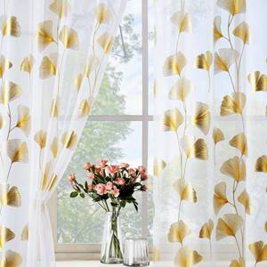 lot 14135 image: Laseniewa Gold Foil Print Sheer Curtains 96 inches Long, 2 Panels Ginkgo Bronzing Treatment Sheer Curtain, Rod Pocket Window Treatment Panels for Bedroom Living Room