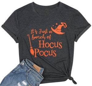 lot 14143 image: Its Just a Bunch of Hocus Pocus Shirt Women Funny Halloween Witch Hat Broom Graphic Casual Tee Tops Size S (Gray) (2pk)