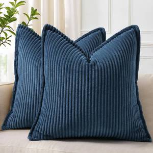 lot 14183 image: decorUhome Spring Corduroy Navy Blue Euro Sham Throw Pillow Covers 22x22 Set of 2 Decorative Soft Boho Farmhouse Couch Pillow Covers for Living Room Bed Sofa Broadside Striped Pillow Cases