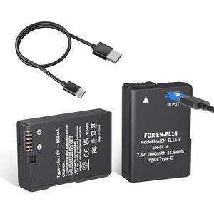 lot 14198 image: LP EN-EL14 EN-EL14a Battery 1600mAh 2-Pack with USB-C Fast Charging Cable for Nikon D3100 D3200 D3300 D3400 D3500 D5100 D5200 D5300 D5500 D5600 DF Coolpix P7000 P7100 P7700 P7800 Cameras