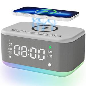lot 19338 image: Alarm Clock Speaker Wireless Charger, Digital Alarm Clocks Bedrooms Bluetooth, Alarm Clock Dimmable Light Bedrooms Dual Alarm Snooze Dimmer 12 24H RGB Night Light Bluetooth USB AUX, Gray