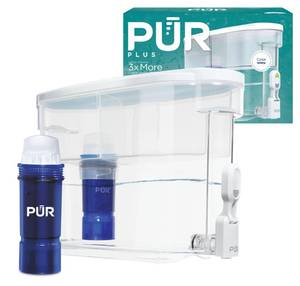 lot 19343 image: PUR PLUS 30-Cup Water Filter Dispenser with 1 Lead-Reducing PUR PLUS Filter, Dishwasher Safe, Powerful Filtration, Large Capacity with Slim, Space-Saving Design, White (DS1811Z)