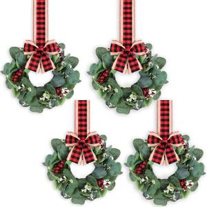 lot 1590 image: 4PACK Mini Christmas Faux Kitchen Cabinet Wreaths with Red Black Plaid Ribbon Artificial Green Leaves Red Berries Hanging Wreaths for Home Front Door Christmas Holiday Indoor Decor