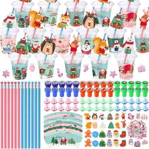 lot 1591 image: Pickmesh 30 Set Christmas Stationery Party Favors Pink Christmas Goodie Bag Stuffers Woodland Holiday Gift Pack Xmas Santa Elk Cups Cards Pencils Stickers Erasers Stamps Birthday Prizes Supplies