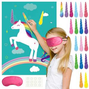 lot 2024 image: FEPITO Pin The Horn on Unicorn-game for Kids Birthday Party Game with 24 Horn Stickers Birthday Poster for Kids Unicorn-Birthday Girls Rainbow Party Favors Supplies Decoration Home Wall Decor Backdrop