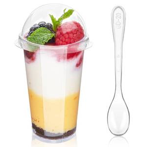 lot 3098 image: Zezzxu 3 oz Mini Dessert Cups with Lids and Spoons, 50 Pack Clear Plastic Dessert Shooter Cups Small Shot Glasses for Appetizers Parfaits Puddings Mousse
