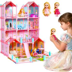lot 3108 image: CUTE STONE Huge Dollhouse for Girls, Large Pretend Play Pink Doll House Gift for Kids