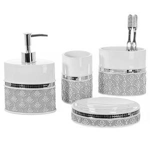 lot 3114 image: Creative Scents Mirror Damask Bathroom Accessory Set Complete - Decorative 4 Piece White and Gray Bathroom Set Includes Soap Dispenser, Soap Dish, Toothbrush Holder and Tumbler