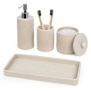lot 3116 image: Beige Bathroom Accessories Set 4 Pcs - Toothbrush Holder,Lotion Soap Dispenser,Qtip Holder Dispenser,Vanity Tray for Countertop Vanity Organizer,Bathroom Accessory Set