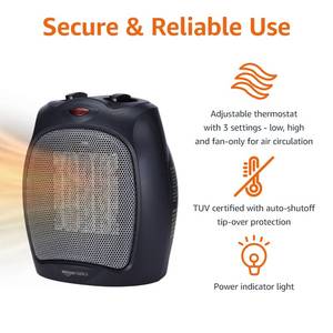 lot 3119 image: Amazon Basics Ceramic Space Heater, Portable Indoor Heating Solution, With Overheat and Tip-Over Protection, Thermostat, Non-Oscillating, 1500W, 7.52D x 6.34W x 9.45H, Black