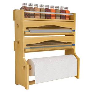 lot 3121 image: Foil Plastic Wrap Organizer Dispenser - Wall Mounted Bamboo Kitchen Paper Towel Holder with Spice Shelf,4 in 1 12 Roll Dispenser with Cutter